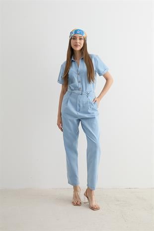 Toka Detaylı Uzun Kot Tulum BUZ MAVİ