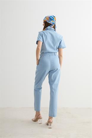 Toka Detaylı Uzun Kot Tulum BUZ MAVİ