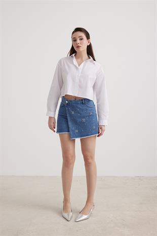 Uzun Kol Kadın Crop Gömlek BEYAZ