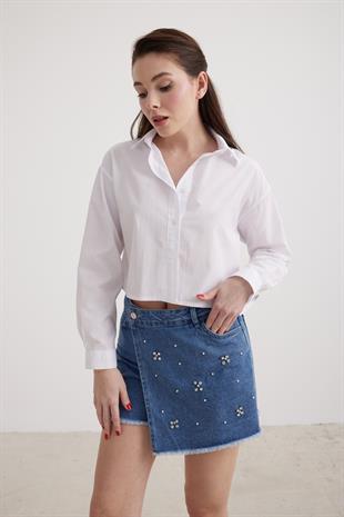 Uzun Kol Kadın Crop Gömlek BEYAZ