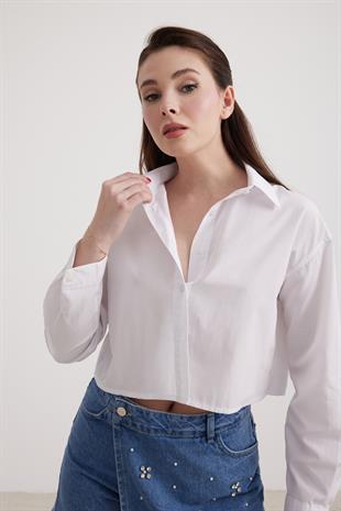 Uzun Kol Kadın Crop Gömlek BEYAZ