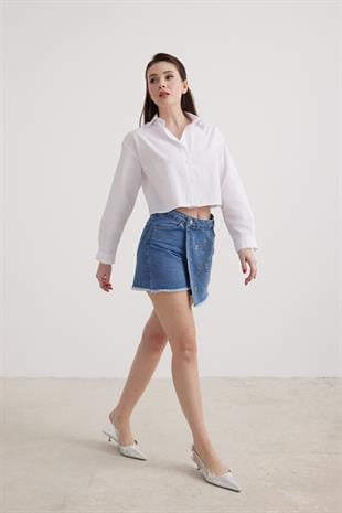 Uzun Kol Kadın Crop Gömlek BEYAZ