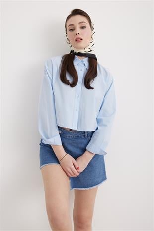 Uzun Kol Kadın Crop Gömlek MAVİ