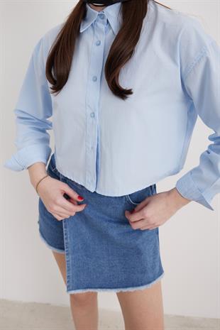 Uzun Kol Kadın Crop Gömlek MAVİ