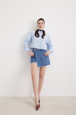 Uzun Kol Kadın Crop Gömlek MAVİ