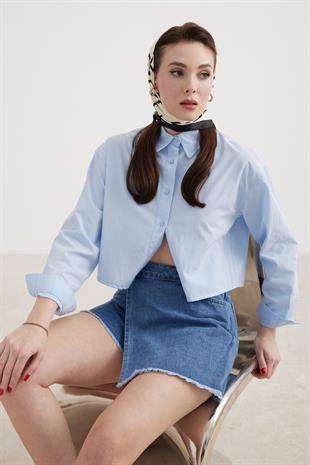 Uzun Kol Kadın Crop Gömlek MAVİ