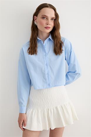 Uzun Kol Kadın Crop Gömlek MAVİ
