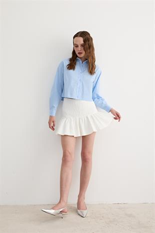 Uzun Kol Kadın Crop Gömlek MAVİ