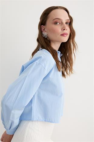 Uzun Kol Kadın Crop Gömlek MAVİ