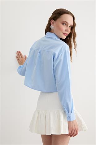Uzun Kol Kadın Crop Gömlek MAVİ