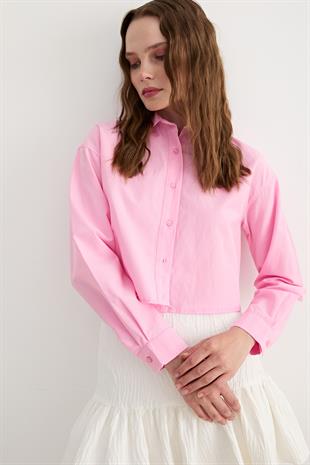 Uzun Kol Kadın Crop Gömlek PEMBE