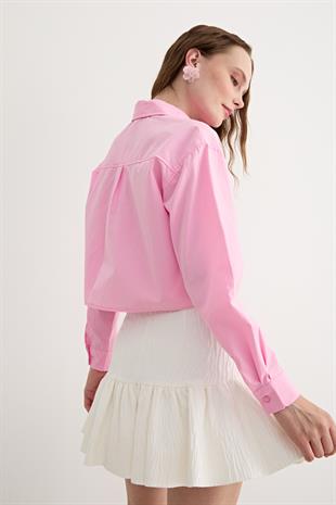 Uzun Kol Kadın Crop Gömlek PEMBE