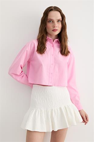 Uzun Kol Kadın Crop Gömlek PEMBE