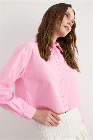 Uzun Kol Kadın Crop Gömlek PEMBE