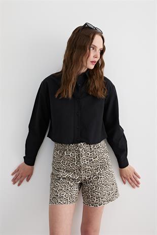 Uzun Kol Kadın Crop Gömlek SİYAH