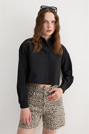 Uzun Kol Kadın Crop Gömlek SİYAH