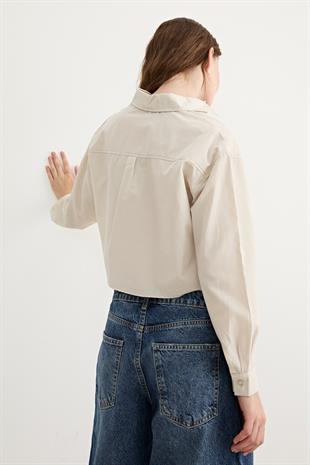 Uzun Kol Kadın Crop Gömlek TAŞ