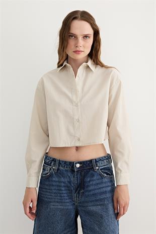 Uzun Kol Kadın Crop Gömlek TAŞ
