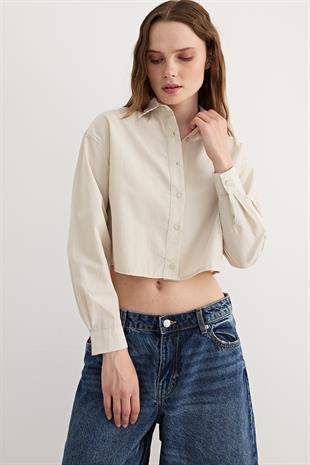 Uzun Kol Kadın Crop Gömlek TAŞ