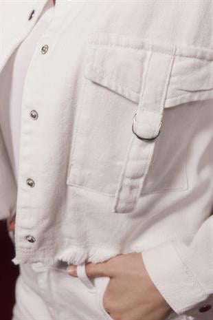 Uzun Kollu D Tokalı Gabardin Ceket BEYAZ