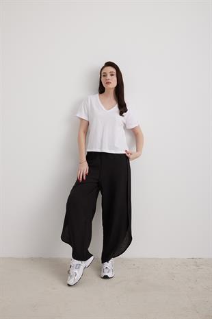 V Yaka Kol Katlamalı Kadın Tshirt BEYAZ