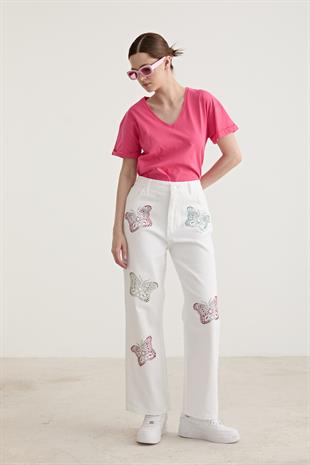 V-Neck Folded Sleeve Womens T-shirt FUCHSIA