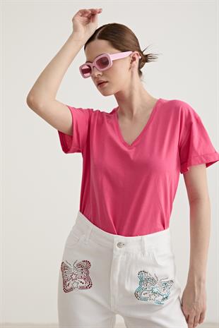 V-Neck Folded Sleeve Womens T-shirt FUCHSIA