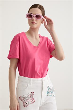 V Yaka Kol Katlamalı Kadın Tshirt PUDRA
