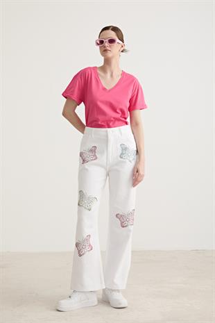 V Yaka Kol Katlamalı Kadın Tshirt PUDRA