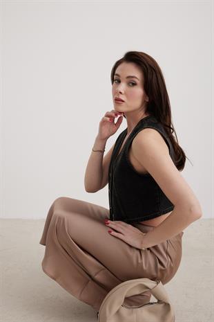 V Yaka Siyah Kadın Kot Yelek KAR YIKAMA