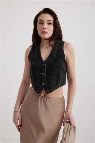 V Yaka Siyah Kadın Kot Yelek KAR YIKAMA