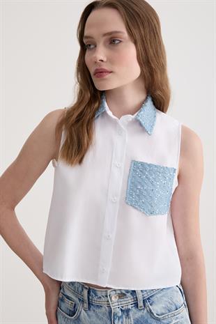 Yaka Ve Cep Pulpayet Kot Detaylı Terrycotton Gömlek BEYAZ