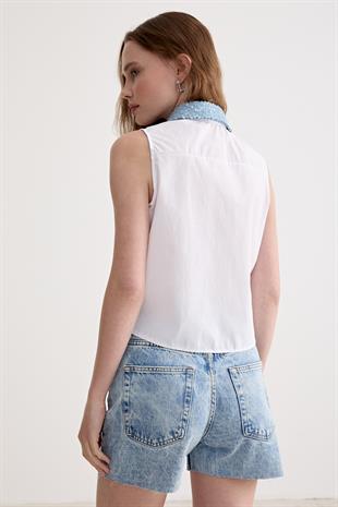 Yaka Ve Cep Pulpayet Kot Detaylı Terrycotton Gömlek BEYAZ