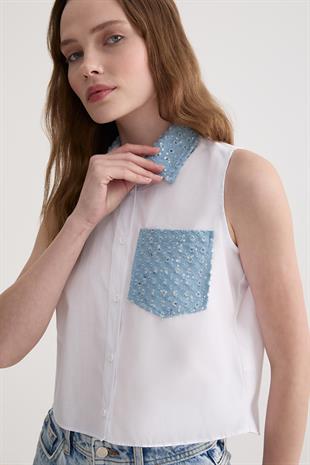 Yaka Ve Cep Pulpayet Kot Detaylı Terrycotton Gömlek BEYAZ