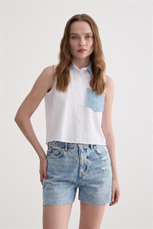 Yaka Ve Cep Pulpayet Kot Detaylı Terrycotton Gömlek BEYAZ