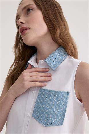 Yaka Ve Cep Pulpayet Kot Detaylı Terrycotton Gömlek BEYAZ