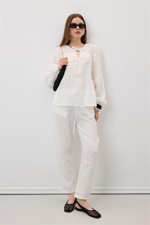 Yakası Bağcıklı Müslin Bluz EKRU