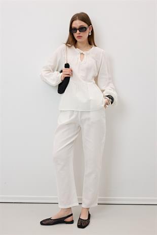 Yakası Bağcıklı Müslin Bluz EKRU