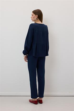 Yakası Bağcıklı Müslin Bluz LACİVERT