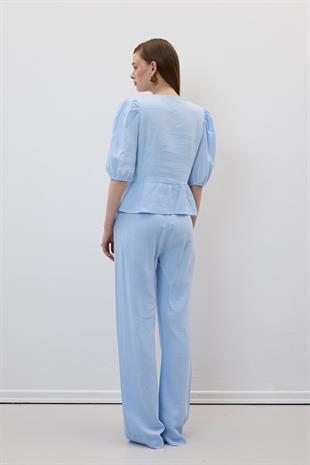 Yakası Bağcıklı Müslin Bluz MAVİ