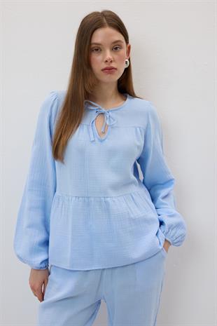 Yakası Bağcıklı Müslin Bluz MAVİ