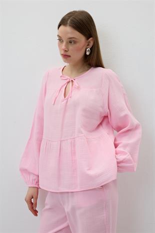 Yakası Bağcıklı Müslin Bluz PEMBE