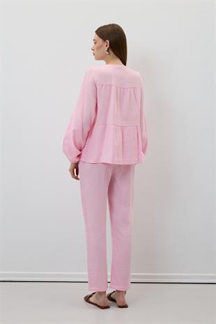 Yakası Bağcıklı Müslin Bluz PEMBE