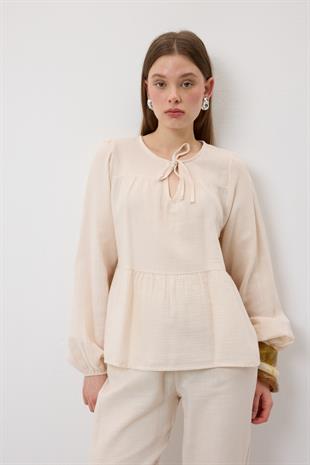 Yakası Bağcıklı Müslin Bluz TAŞ