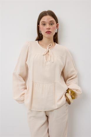 Yakası Bağcıklı Müslin Bluz TAŞ