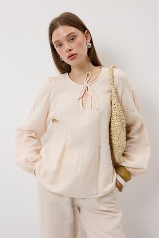 Yakası Bağcıklı Müslin Bluz TAŞ