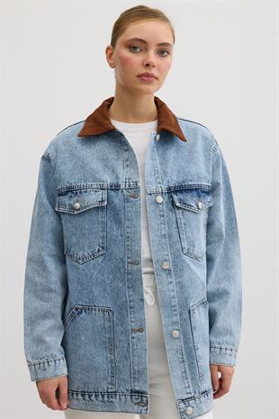 Yakası Kadife Kot Ceket KAR YIKAMA