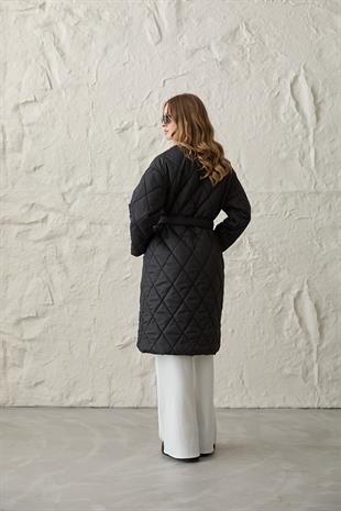 Yakası Suni Kürklü Düğmeli Kapitoneli Mont SİYAH