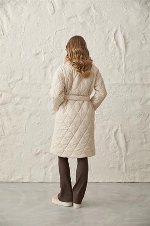 Yakası Suni Kürklü Düğmeli Kapitoneli Mont TAŞ