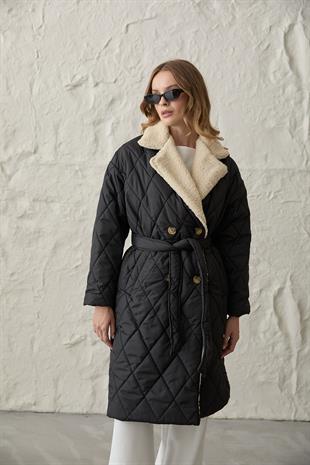 Yakası Suni Kürklü Düğmeli Kapitoneli Mont SİYAH